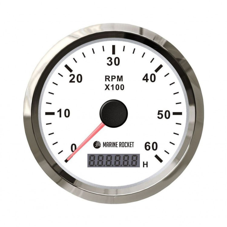 Тахометр 0-6000 об/мин со счетчиком моточасов делитель 0.5-250, белый циферблат, нержавеющий ободок, арт. TMA6001WSMR,          MARINE ROCKET 