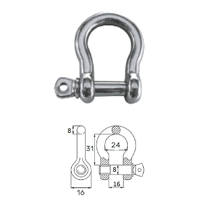 Скоба такелажная подкова с винтовым пальцем  8 мм сталь AISI 316 