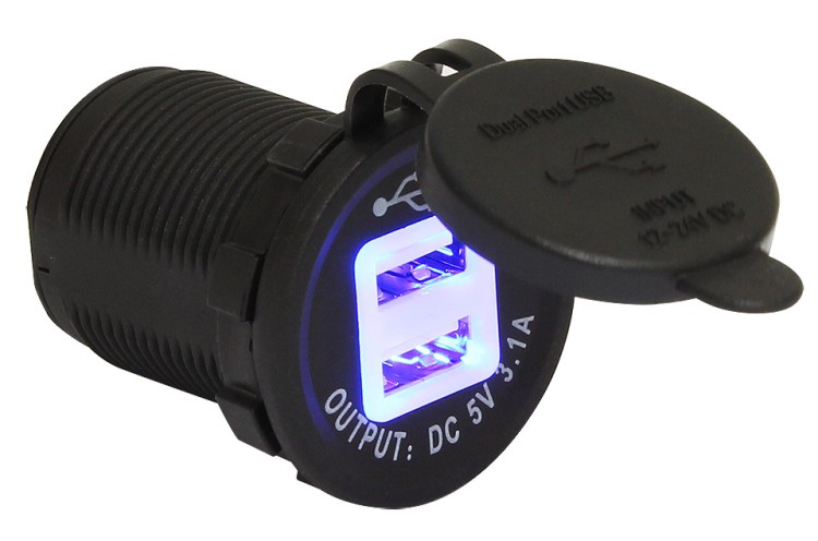 Зарядное гнездо USB, двойное, 12/24В, 5В/3,1A, подсветка, арт. 10264222,  