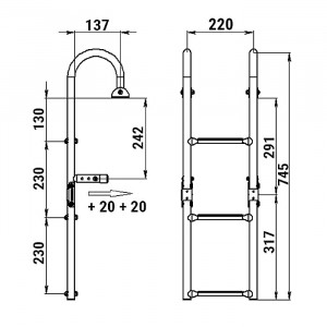Трап складной с горизонтальным креплением, 3 черных ступени (ширина 220 мм.)