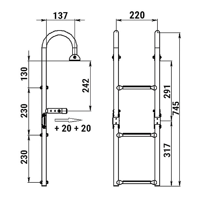 Трап складной с горизонтальным креплением, 3 черных ступени (ширина 220 мм.), арт. 040175BT,          Техномарин 