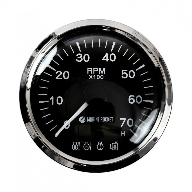 Тахометр 0-7000 об/мин с аварийной сигнализацией делитель 1-10, черный циферблат, нержавеющий ободок, арт. TM7002BSMR,          MARINE ROCKET 