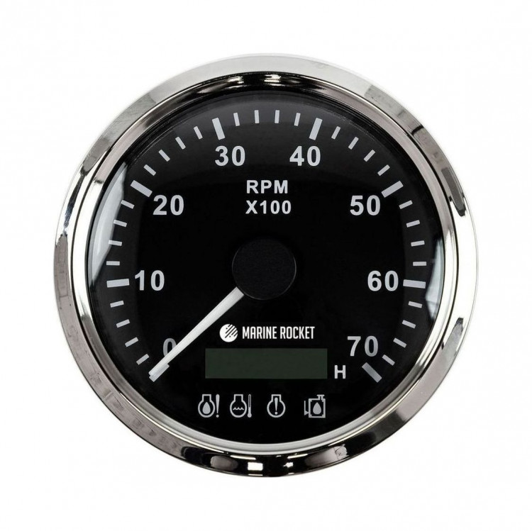 Тахометр 0-7000 об/мин с аварийной сигнализацией делитель 1-10, черный циферблат, нержавеющий ободок, арт. TM7002BSMR,          MARINE ROCKET 