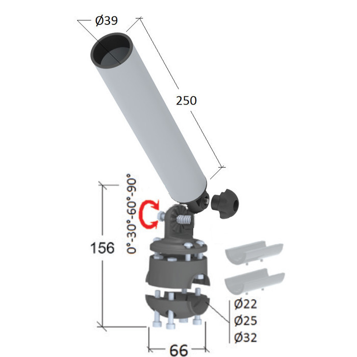 Держатель спиннинга торцевой на леер наклонный, алюминий, арт. 030632T,          Техномарин 