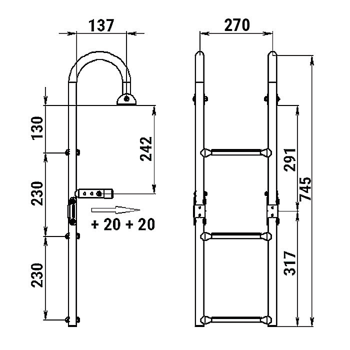 Трап складной с горизонтальным креплением, 3 черных ступени (ширина 270 мм.), арт. 040176BT,          Техномарин 
