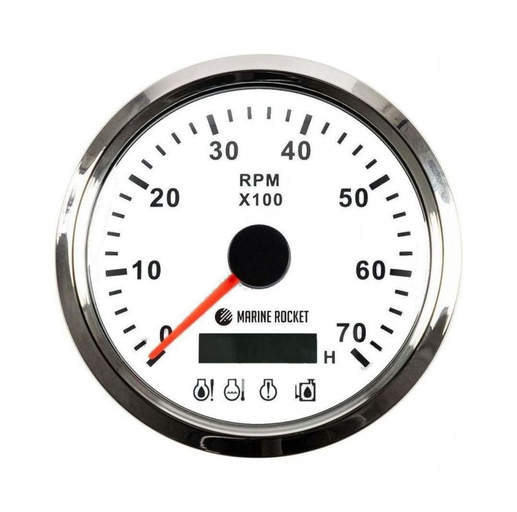 Тахометр 0-7000 об/мин с аварийной сигнализацией делитель 1-10, белый циферблат, нержавеющий ободок, арт. TM7001WSMR,          MARINE ROCKET 