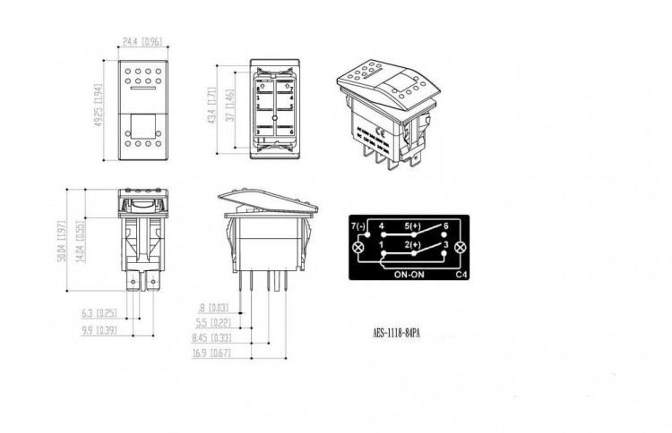 Переключатель двухпозиционный ON-ON 12В/20А 7Р с подсветкой, арт. AES111884PA,          AES.Co 