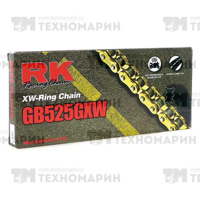 Цепь для мотоцикла до 1300 см³ (золотая, с сальниками XW-RING) GB525GXW-114, арт. GB525GXW-114,          RK Chains 