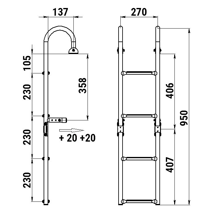 Трап складной с горизонтальным креплением, 4 белых ступени (ширина 270 мм.), арт. 040178WT,          Техномарин 