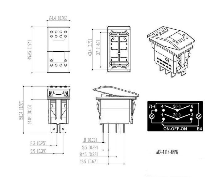 Переключатель трехпозиционный ON-OFF-ON 12В/20А 7Р с подсветкой, арт. AES111884PB,          AES.Co 