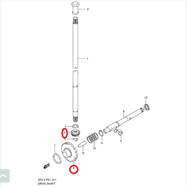 Шестерни редуктора Suzuki DF2.5, комплект, до 2011 г. (шпоночный вал), арт. 5730097JL0000,          SUZUKI 